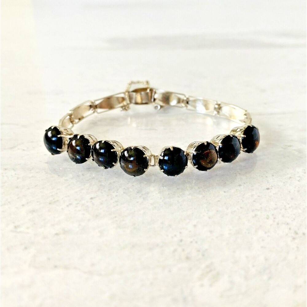 Vintage Sterling Silver Black Onyx Line Bracelet Southwest Artisan Made Tulip